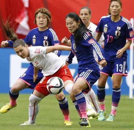 Aktuell Fußball, Damen, WM, Japan - Schweiz Japan v. Switzerland in Women s World Cup Homare Sawa (R in front) of Japan competes for the ball during the first half of a Women s World Cup Group C match against Switzerland at BC Place Stadium in Vancouver, Canada, on June 8, 2015. 