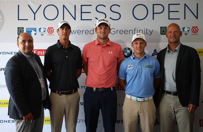 GOLF - Lyoness Open 2015 ATZENBRUGG,AUSTRIA,09.JUN.15 - GOLF - PGA Golf Herren European Tour, Lyoness Open, Diamond Country Club, press conference PK Pressekonferenz Image shows CEO Ali A. Al-Khaffaf (Golf Open Event GmbH), Nicolas Colsaerts (BEL), Bernd Wiesberger, Lukas Nemecz (AUT) and Mathias Vorbach (Lyoness). GEPAxpictures xDanielxGoetzhaber