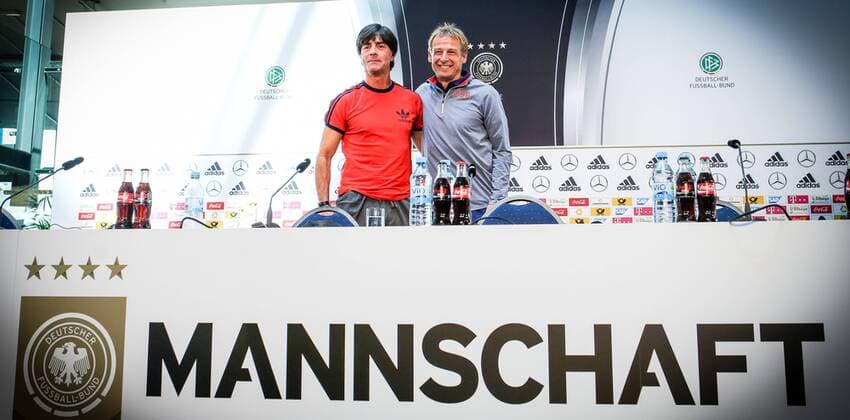 National-, Bundestrainer Joachim Jogi Loew und Juergen Klinsmann (Nationaltrainer USA) Pressekonferenz der A-Nationalmannschaft, Fussball, Freundschaftsspiel gegen USA, 09.06.2015, Copyright: Schueler Eibner-Pressefoto EP_JSE