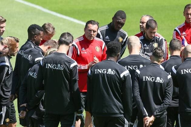 - BRUSSELS, BELGIUM: Belgium s head coach Marc Wilmots and Belgium s players pictured during a training session of the Belgian national soccer team The Red Devils in Brussels, Tuesday 09 June 2015. The Devils are preparing for a Euro 2016 qualification game against Wales. BRUNOxFAHY  x04639428x
