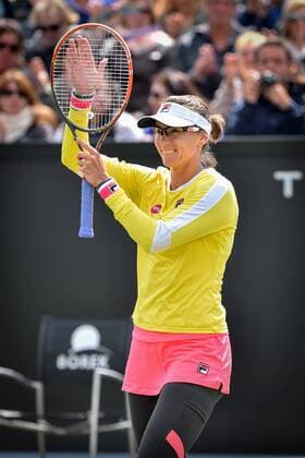 - ROSMALEN, NETHERLANDS: Kazachstan s Yaroslava Shvedova celebrates after winning a first round game between between Eugenie Bouchard and Yaroslava Shvedova during the Topshelf Open WTA Tennis Damen tennis tournament in Rosmalen, the Netherlands, Tuesday 09 June 2015. LUCxCLAESSEN  x04639430x