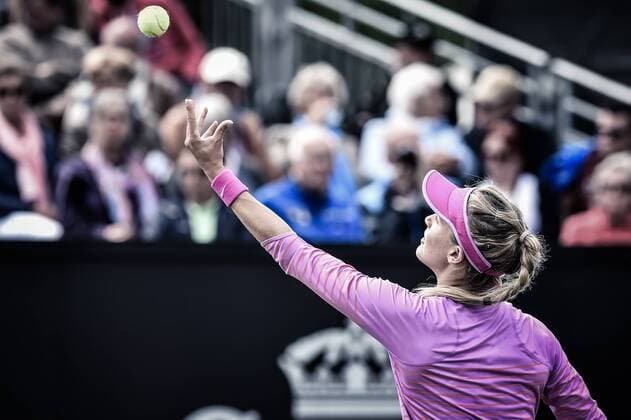 - ROSMALEN, NETHERLANDS: Canadian Eugenie Bouchard pictured in action during a first round game between between Canadian Eugenie Bouchard and Kazachstan s Yaroslava Shvedova during the Topshelf Open WTA Tennis Damen tennis tournament in Rosmalen, the Netherlands, Tuesday 09 June 2015. LUCxCLAESSEN  x04639442x