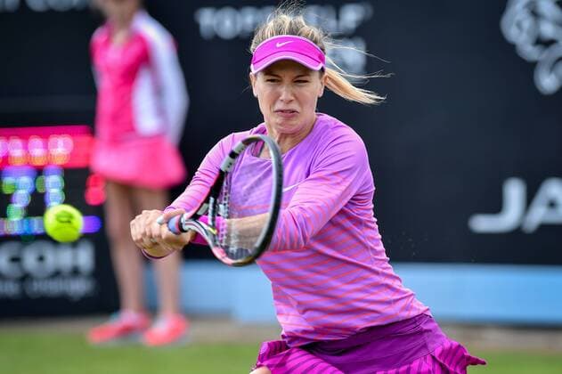 - ROSMALEN, NETHERLANDS: Canadian Eugenie Bouchard pictured in action during a first round game between between Canadian Eugenie Bouchard and Kazachstan s Yaroslava Shvedova during the Topshelf Open WTA Tennis Damen tennis tournament in Rosmalen, the Netherlands, Tuesday 09 June 2015. LUCxCLAESSEN  x04639452x