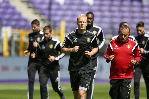- BRUSSELS, BELGIUM: Belgium s Olivier Deschacht (C) pictured during a training session of the Belgian national soccer team The Red Devils in Brussels, Tuesday 09 June 2015. The Devils are preparing for a Euro 2016 qualification game against Wales. BRUNOxFAHY  x04639520x