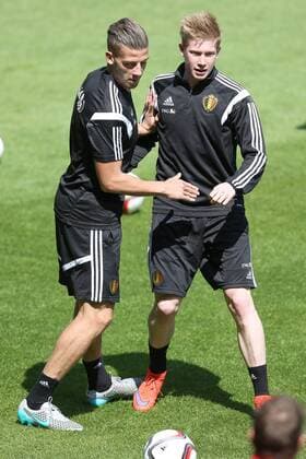- BRUSSELS, BELGIUM: Belgium s Toby Alderweireld and Belgium s Kevin De Bruyne pictured during a training session of the Belgian national soccer team The Red Devils in Brussels, Tuesday 09 June 2015. The Devils are preparing for a Euro 2016 qualification game against Wales. BRUNOxFAHY  x04639546x