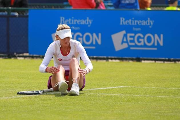 09.06.2015. Nottingham, England. Aegon Open Tennis. Olga Govortsova takes a tumble (Belarus) as she plays Katy Dunne of Great Britain xDavidxKissmanx  ActionPlus11629382