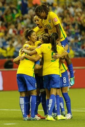 Brazilian players celebrating the second goal during the Fifa Women s World Cup Group E match between Brazil and Korea Republic at Olympic Stadium in Montreal, Canada on May 9, 2015. Fifa Women s World Cup: Brazil vs Korea Republic June 9 - ZUMAc04_