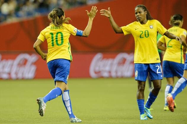 Marta (10) of Brazil celebrating her goal with Formiga (20) of Brazil during the Fifa Women s World Cup Group E match between Brazil and Korea Republic at Olympic Stadium in Montreal, Canada on May 9, 2015. Fifa Women s World Cup: Brazil vs Korea Republic June 9 - ZUMAc04_