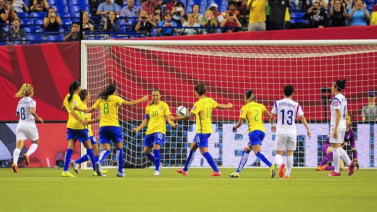 June 9, 2015 - Ottawa, Ontario, Canada - June 09, 2015: Midfielder Marta ( 10) of Brazil celebrates after converting her penalty kick during the FIFA 2015 Women s World Cup group match between Brazil and Korea at the Olympic Stadium in Montreal, Canada. Soccer: FIFA 2015 Women s World Cup Group Match - Brazil versus Korea. - ZUMAk120