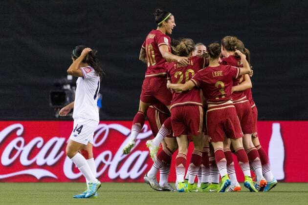 June 09, 2015 : Spain forward Vicky Losada 14 celebrates her goal with teammates during the 2015 FIFA Women s World Cup Group E match between Spain and Costa Rica at the Olympic Stadium in Montreal, Quebec, Canada. SOCCER: JUN 09 FIFA Women s World Cup - Group E - Spain v Costa Rica Icon15060902 EDITORIAL USE ONLY