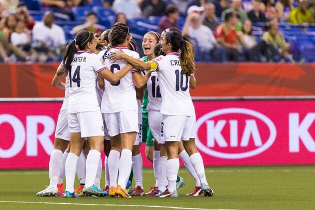 June 09, 2015 : Costa Rica forward Raquel Rodriguez Cedeno 11 celebrates her goal with teammates during the 2015 FIFA Women s World Cup Group E match between Spain and Costa Rica at the Olympic Stadium in Montreal, Quebec, Canada. SOCCER: JUN 09 FIFA Women s World Cup - Group E - Spain v Costa Rica Icon15060903 EDITORIAL USE ONLY