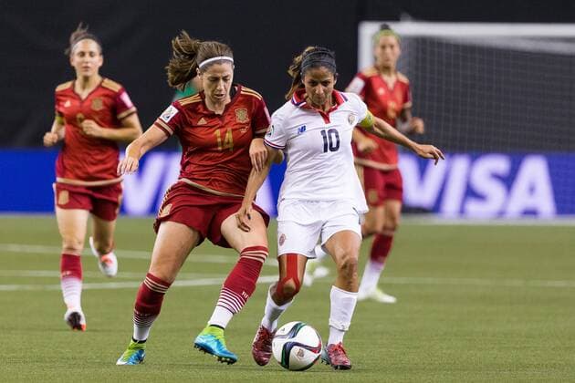 June 09, 2015 : Costa Rica midfielder Shirley Cruz 10 and Spain forward Vicky Losada 14 fight for the ball during the 2015 FIFA Women s World Cup Group E match between Spain and Costa Rica at the Olympic Stadium in Montreal, Quebec, Canada. SOCCER: JUN 09 FIFA Women s World Cup - Group E - Spain v Costa Rica Icon15060908 EDITORIAL USE ONLY