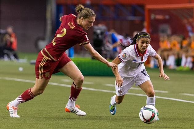 June 09, 2015 : Spain defender Celia Jimenez 2 and Costa Rica defender Lixy Rodriguez 12 fight for the ball during the 2015 FIFA Women s World Cup Group E match between Spain and Costa Rica at the Olympic Stadium in Montreal, Quebec, Canada. SOCCER: JUN 09 FIFA Women s World Cup - Group E - Spain v Costa Rica Icon15060909 EDITORIAL USE ONLY