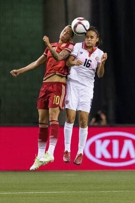 June 09, 2015 : Costa Rica midfielder Katherine Alvarado 16 and Spain midfielder Jennifer Hermoso 10 fight for the ball during the 2015 FIFA Women s World Cup Group E match between Spain and Costa Rica at the Olympic Stadium in Montreal, Quebec, Canada. SOCCER: JUN 09 FIFA Women s World Cup - Group E - Spain v Costa Rica Icon15060910 EDITORIAL USE ONLY