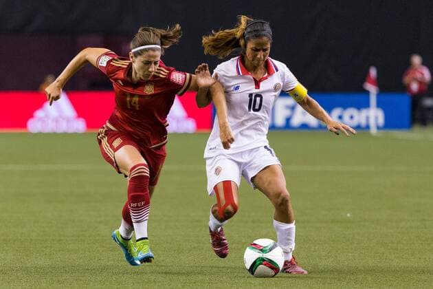 June 09, 2015 : Costa Rica midfielder Shirley Cruz 10 and Spain forward Vicky Losada 14 fight for the ball during the 2015 FIFA Women s World Cup Group E match between Spain and Costa Rica at the Olympic Stadium in Montreal, Quebec, Canada. SOCCER: JUN 09 FIFA Women s World Cup - Group E - Spain v Costa Rica Icon15060913 EDITORIAL USE ONLY