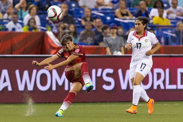 June 09, 2015 : Spain midfielder Marta Corredera 12 kicks the ball during the 2015 FIFA Women s World Cup Group E match between Spain and Costa Rica at the Olympic Stadium in Montreal, Quebec, Canada. SOCCER: JUN 09 FIFA Women s World Cup - Group E - Spain v Costa Rica Icon15060929 EDITORIAL USE ONLY