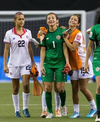 June 09, 2015 : Costa Rica defender Fabiola Sanchez 19 congratulates teammate goalkeeper Dinnia Diaz 1 during the 2015 FIFA Women s World Cup Group E match between Spain and Costa Rica at the Olympic Stadium in Montreal, Quebec, Canada. SOCCER: JUN 09 FIFA Women s World Cup - Group E - Spain v Costa Rica Icon15060933 EDITORIAL USE ONLY