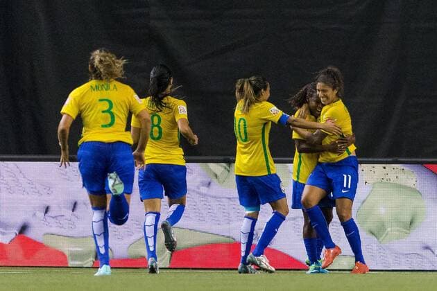 June 09, 2015 : Brazil midfielder Formiga 20 celebrates her goal with teammates during the 2015 FIFA Women s World Cup Group E match between Brazil and Korea at the Olympic Stadium in Montreal, Quebec, Canada. SOCCER: JUN 09 FIFA Women s World Cup - Group E - Brazil v Korea Icon15060906 EDITORIAL USE ONLY