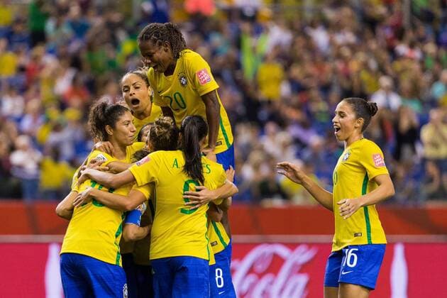 June 09, 2015 : Brazil midfielder Marta 10 celebrates her goal with teammates during the 2015 FIFA Women s World Cup Group E match between Brazil and Korea at the Olympic Stadium in Montreal, Quebec, Canada. SOCCER: JUN 09 FIFA Women s World Cup - Group E - Brazil v Korea Icon15060916 EDITORIAL USE ONLY