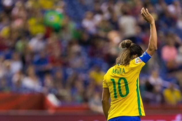 June 09, 2015 : Brazil midfielder Marta 10 acknowledges the crowd during the 2015 FIFA Women s World Cup Group E match between Brazil and Korea at the Olympic Stadium in Montreal, Quebec, Canada. SOCCER: JUN 09 FIFA Women s World Cup - Group E - Brazil v Korea Icon15060917 EDITORIAL USE ONLY
