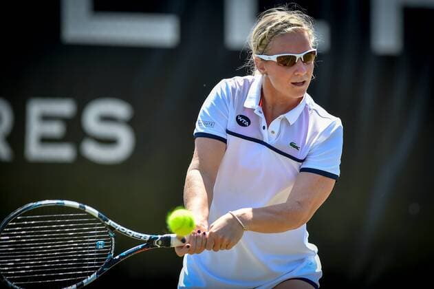 - ROSMALEN, NETHERLANDS: Belgian Ysaline Bonaventure pictured in action during a second round doubles game between between Babos-Mladenovic and Bonaventure-Schuurs during the Topshelf Open WTA Tennis Damen tennis tournament in Rosmalen, the Netherlands, Tuesday 09 June 2015. LUCxCLAESSEN  x04640583x