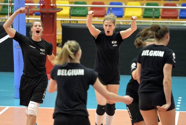 - BAKU, AZERBAIJAN: Belgian women s volleyball player celebrate during a friendly practice game of the Belgian women s volleyball team against the German team ahead of the European Games 2015, in Baku, Azerbaijan, Thursday 11 June 2015. The European Games 2015 multi event takes place from 12 to 28 June. ERICxLALMAND  x04640694x
