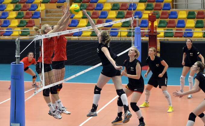 - BAKU, AZERBAIJAN: Action with the ball at a friendly practice game of the Belgian women s volleyball team against the German team ahead of the European Games 2015, in Baku, Azerbaijan, Thursday 11 June 2015. The European Games 2015 multi event takes place from 12 to 28 June. ERICxLALMAND  x04640671x
