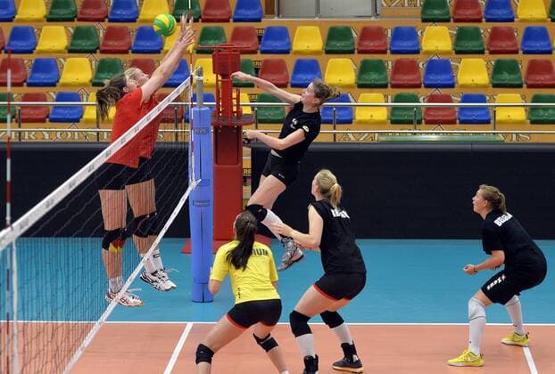 - BAKU, AZERBAIJAN: Action with the ball at a friendly practice game of the Belgian women s volleyball team against the German team ahead of the European Games 2015, in Baku, Azerbaijan, Thursday 11 June 2015. The European Games 2015 multi event takes place from 12 to 28 June. ERICxLALMAND  x04640670x