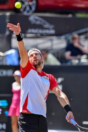 - ROSMALEN, NETHERLANDS: Austrian Jurgen Melzer pictured in action during a second round game between Belgian David Goffin and Austrian Jurgen Melzer during the Topshelf Open WTA Tennis Damen tennis tournament in Rosmalen, the Netherlands, Thursday 11 June 2015. LUCxCLAESSEN  x04640736x