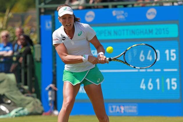 11.06.2015. Nottingham, England. Aegon Open Tennis. Strong backhand by Johanna Konta (GBR) in her match against Monica Puig (Puerto Rico) xDavidxKissmanx  ActionPlus11629868