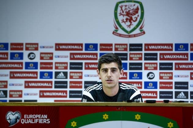 Aktuell Fußball, PK Nationalmannschaft Belgien in Cardiff - CARDIFF, UNITED KINGDOM: Belgium s goalkeeper Thibaut Courtois pictured during a press conference PK Pressekonferenz of Belgian national soccer team Red Devils, Thursday 11 June 2015, in Cardiff, Wales, United Kingdom. The Red Devils play against the Welsh national soccer team in a Euro 2016 qualification game on Friday. DIRKxWAEM  x04640897x