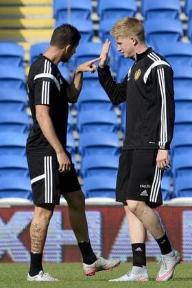 - CARDIFF, UNITED KINGDOM: Belgium s Kevin De Bruyne and Belgium s Kevin Mirallas pictured during a training session of Belgian national soccer team Red Devils, Thursday 11 June 2015, in Cardiff, Wales, United Kingdom. The Red Devils play against the Welsh national soccer team in a Euro 2016 qualification game on Friday. DIRKxWAEM  x04640969x