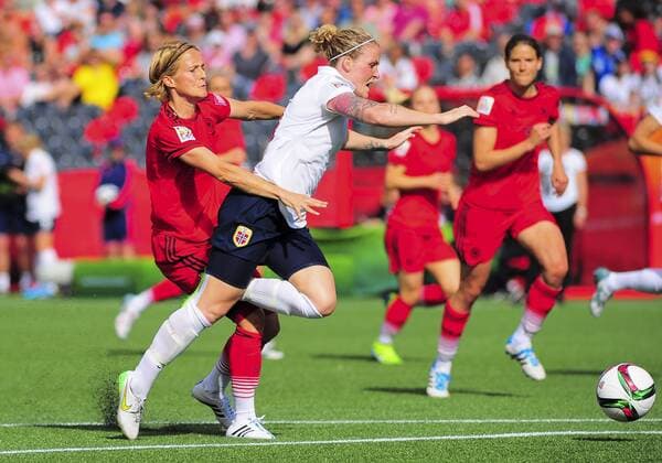 June 11, 2015 - Ottawa, Ontario, Canada - June 11, 2015: Forward Isabell Herlovsen ( 9) of Norway is fouled by Defender Saskia Bertusiak ( 3) of Germany during the FIFA 2015 Women s World Cup Group B match between Germany and Norway, which ended up in a 1-1 draw at Lansdowne Stadium in Ottawa, Canada. Soccer: FIFA 2015 Women s World Cup Group B Match - Germany versus Norway. - ZUMAk120