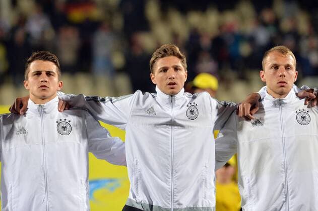 Germany vs. Nigeria --- Football --- U-20 World Cup --- 11 06 2015 Christchurch, New Zealand - June 11, 2015 - Marc-Oliver, Marc Oliver Kempf, Niklas Stark and Marvin Schwäbe, Schwaebe of Germany (L-R) line up for their national anthem ahead of the FIFA U20 World Cup Round of 16 match between Germany and Nigeria at AMI Stadium on June 11, 2015 in Christchurch, New Zealand.