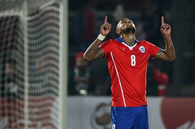 SANTIAGO, June 11, 2015 -- Arturo Vidal of Chile celebrates scoring during the opening match of the Copa America 2015 against Ecuador, in Santiago, capital of Chile, on June 11, 2015. Chile won 1-0. 