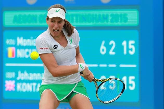 12.06.2015. Nottingham, England. Aegon Open Tennis. Backhand from Johanna Konta (GBR) in action in the quarter final against Monica Niculescu (Romania) xDavidxKissmanx  ActionPlus11630286