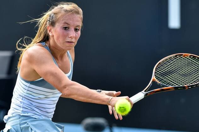 - ROSMALEN, NETHERLANDS: German Annika Beck pictured in action during a quarterfinal game between German Annika Beck and Serbian Jelena Jankovic during the Topshelf Open WTA Tennis Damen tennis tournament in Rosmalen, the Netherlands, Friday 12 June 2015. LUCxCLAESSEN  x04641543x