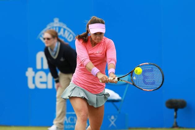 12.06.2015. Nottingham, England. Aegon Open Tennis. Backhand from Lauren Davis against Agnieszka Radwanska (POL) in the quarter final xDavidxKissmanx  ActionPlus11630332