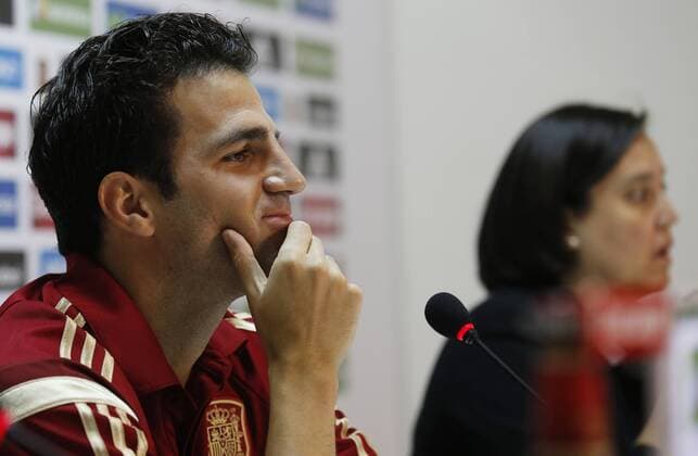 Spain s national team Nationalteam training session in Leon. In this picture, Juan Bernat and Cesc Fabregas attend press conference PK Pressekonferenz In this picture, Fabregas. xPABLOGARCIAx 