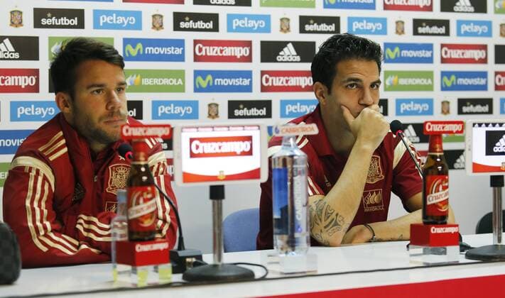 Spain s national team Nationalteam training session in Leon. In this picture, Juan Bernat and Cesc Fabregas attend press conference PK Pressekonferenz xPABLOGARCIAx 