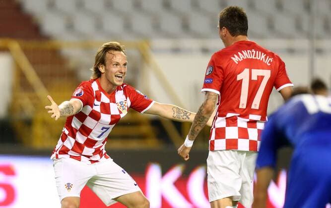 Qualifying match for the European Championship EM Europameisterschaft Croatia - Italy 12.06.2015., Croatia, stadium Poljud, Split - Qualifying match for the European Championship to be held in 2016 in France, Group H, Round 6, Croatia - Italy.Ivan Rakitic, Mario Mandzukic.  SlavkoxMidzor PIXSELL