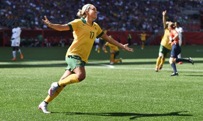 June 12, 2015 - Winnipeg, Canada- Australian KYAH SIMON celebrates after a goal during the group D match at the 2015 FIFA Women s World Cup between Australia and Nigeria at Winnipeg Stadium. Soccer 2015 - Women s World Cup - Australia Beat Nigeria 2-0  - ZUMAb138