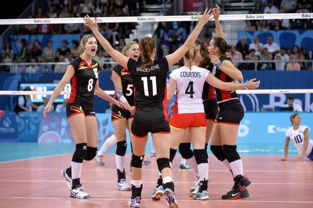 Aktuell Europaspiele 2015 in Baku, Volleyball, Damen, Belgien - Italien - BAKU, AZERBAIJAN: Belgian women s volleyball player react during the women s volleyball preliminary game of Pool A between Italy and Belgium at the Crystal Hall during the European Games 2015, in Baku, Azerbaijan, Saturday 13 June 2015. The European Games 2015 multi event takes place from 12 to 28 June. ERICxLALMAND  x04641914x