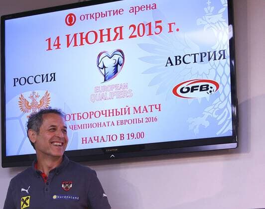 Aktuell Fußball, PK Nationalmannschaft Österreich in Moskau SOCCER - UEFA EURO EM Europameisterschaft Fussball 2016 quali, RUS vs AUT, preview MOSCOW,RUSSIA,13.JUN.15 - SOCCER - UEFA European Championship EM Europameisterschaft 2016, European Qualifiers, OEFB international match Länderspiel Russia vs Austria, preview, press conference PK Pressekonferenz of team AUT. Image shows head coach Marcel Koller (AUT). GEPAxpictures xChristianxOrt