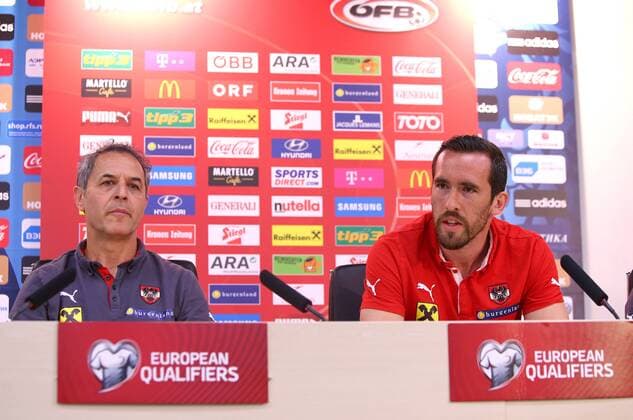 SOCCER - UEFA EURO EM Europameisterschaft Fussball 2016 quali, RUS vs AUT, preview MOSCOW,RUSSIA,13.JUN.15 - SOCCER - UEFA European Championship EM Europameisterschaft 2016, European Qualifiers, OEFB international match Länderspiel Russia vs Austria, preview, press conference PK Pressekonferenz of team AUT. Image shows head coach Marcel Koller and Christian Fuchs (AUT). GEPAxpictures xChristianxOrt