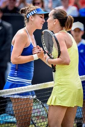 - ROSMALEN, NETHERLANDS: Swiss Belinda Bencic and Serbian Jelena Jankovic embrace after a semi final game between between Swiss Belinda Bencic and Serbian Jelena Jankovic during the Topshelf Open WTA Tennis Damen tennis tournament in Rosmalen, the Netherlands, Saturday 13 June 2015. LUCxCLAESSEN  x04641952x