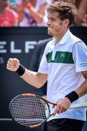 - ROSMALEN, NETHERLANDS: French Nicolas Mahut celebrates after winning a tennis game between Dutch Robin Haase and French Nicolas Mahut in the semifinals of the men s tournament at the Topshelf Open WTA Tennis Damen tennis tournament in Rosmalen, the Netherlands, Saturday 13 June 2015. LUCxCLAESSEN  x04642091x