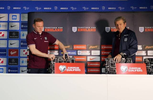 England s Wayne Rooney and Roy Hodgson during the press conference PK Pressekonferenz England Training & Press Conference- Stozice Stadium - Slovenia - 13th June 2015 - Picture David Klein Sportimage EDITORIAL USE ONLY. No use with unauthorised audio, video, data, fixture lists, club league logos or live services. Online in-match use limited to 120 images, no video emulation. No use in betting, games or single club league player publications.