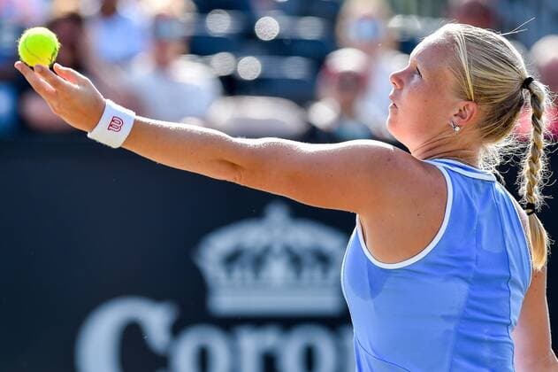 - ROSMALEN, NETHERLANDS: Dutch Kiki Bertens pictured in action during a tennis game between Italian Camila Giorgi and Dutch Kiki Bertens in the semifinals of the women s tournament at the Topshelf Open WTA Tennis Damen tennis tournament in Rosmalen, the Netherlands, Saturday 13 June 2015. LUCxCLAESSEN  x04642142x