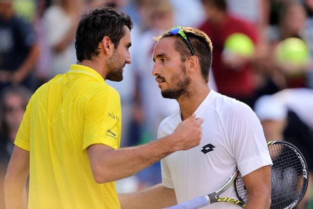Stuttgart , Tennis Weissenhof Mercedes Cup 2015, v.l. Marin Cilic (CRO) und Viktor Troicki (SRB) nach dem Spiel